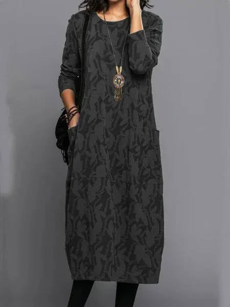 Women's Long Sleeve Midi Dress With Pockets Casual Summer Print Comfortable Everyday Relaxed Fit