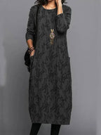 Women's Long Sleeve Midi Dress With Pockets Casual Summer Print Comfortable Everyday Relaxed Fit