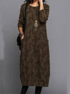 Women's Long Sleeve Midi Dress With Pockets Casual Summer Print Comfortable Everyday Relaxed Fit