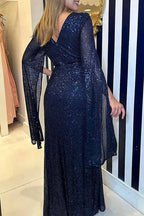 Women's Sequin V-Neck Long Sleeve Maxi Dress A-Line Formal Prom Gala Wedding Guest Evening Red Carpet – Seraphina