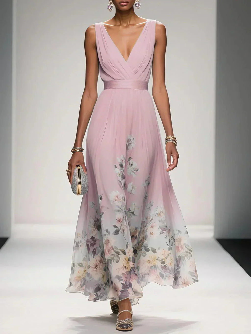 Women's Floral Long Wedding Guest Dress Fluid Feminine Romantic Elegant Ceremony Gown
