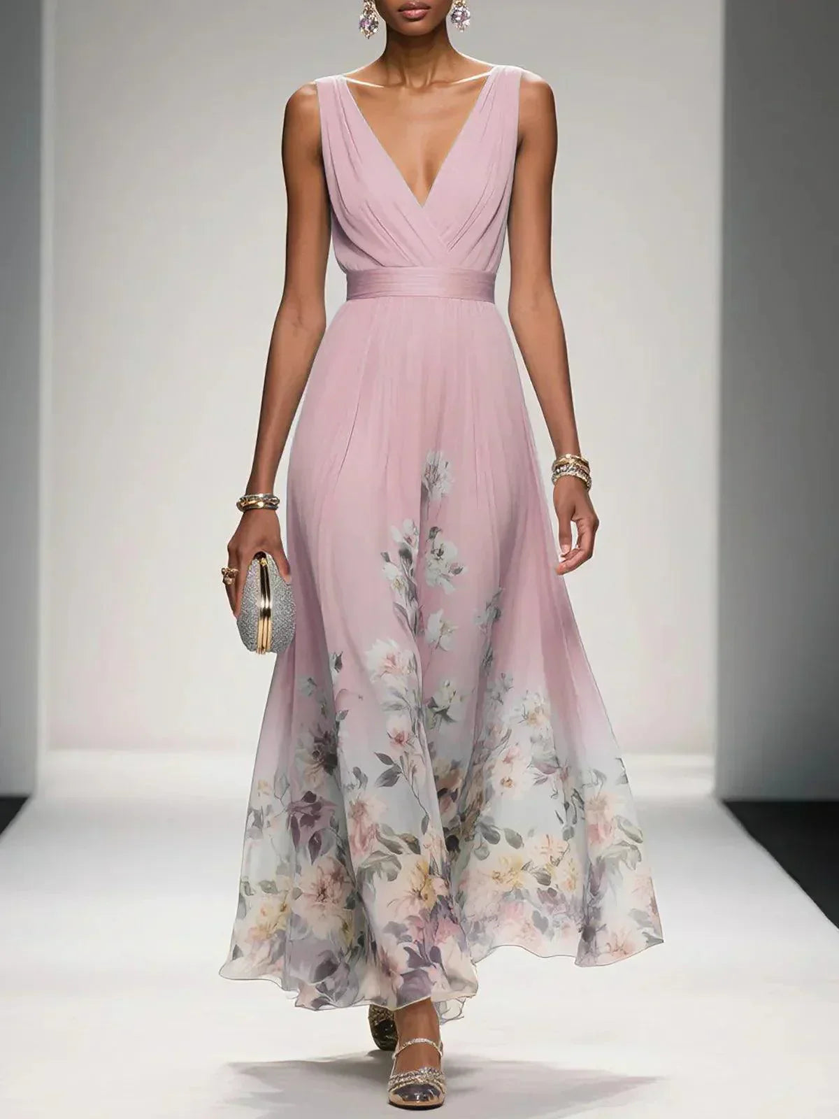 Women's Floral Long Wedding Guest Dress Fluid Feminine Romantic Elegant Ceremony Gown