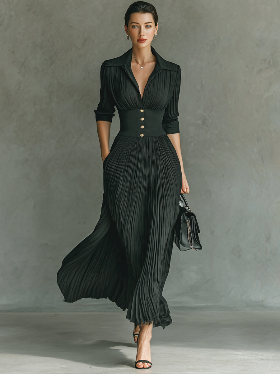 Women's Solid Color Pleated Maxi Dress Lapel Belted Waist Long Sleeve Elegant Casual – Black