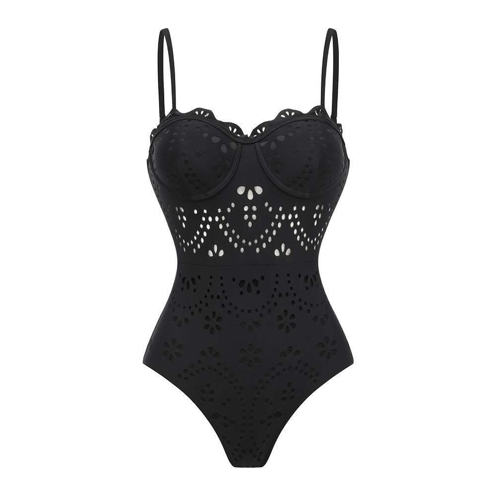Women's Black Laser Cut Hollow-Out One-Piece Swimsuit & Long Skirt Set Scalloped V-Neck Beach Vacation Resort Pool Party Cruise – Black