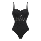 Women's Black Laser Cut Hollow-Out One-Piece Swimsuit & Long Skirt Set Scalloped V-Neck Beach Vacation Resort Pool Party Cruise – Black