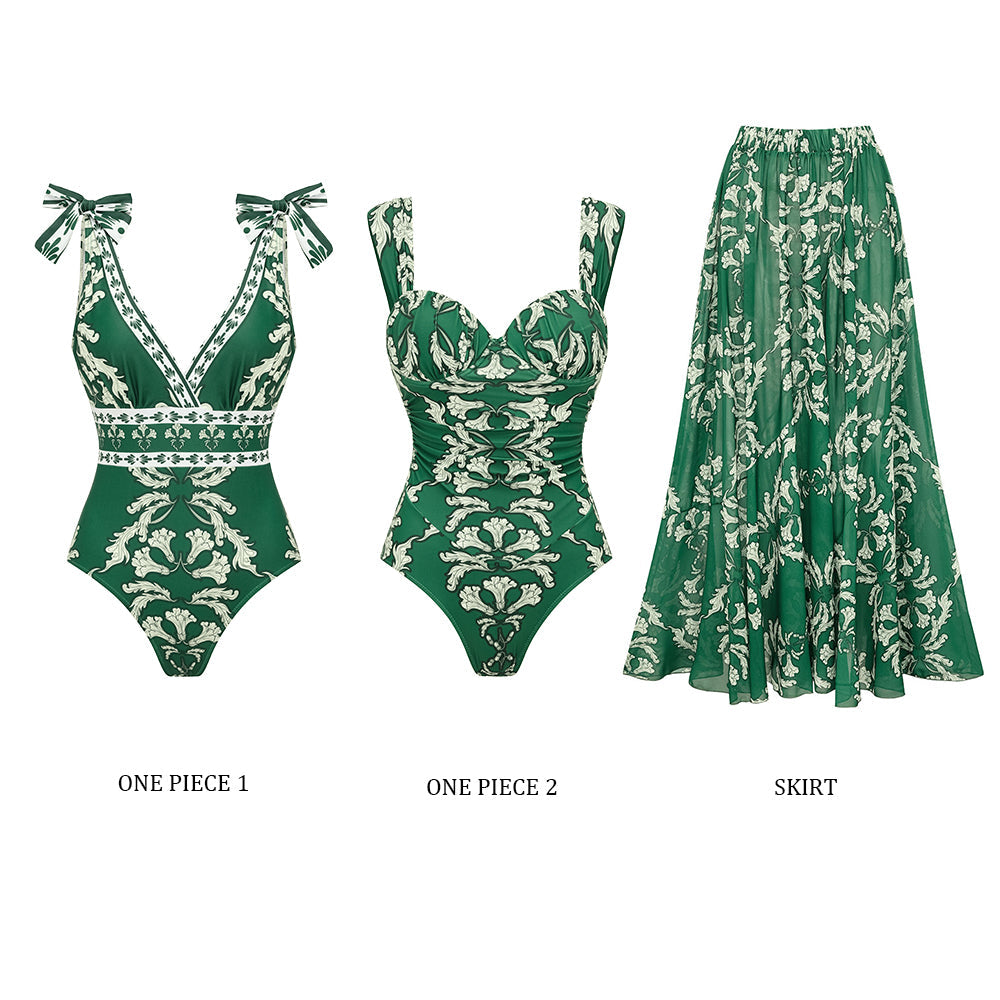 Women's V-Neck Lace-Up Printed One-Piece Swimsuit & Long Skirt Set Casual Beach Vacation Summer Resort Cover-Up – Green Floral