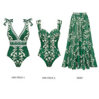Women's V-Neck Lace-Up Printed One-Piece Swimsuit & Long Skirt Set Casual Beach Vacation Summer Resort Cover-Up – Green Floral