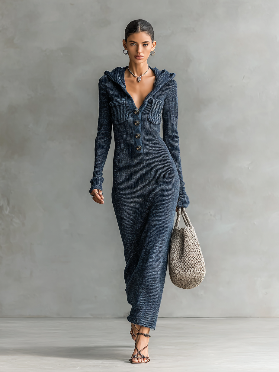Women's Slim-Fit Hooded Knitted Long Casual Dress Long Sleeve Cozy Chic Everyday – Navy