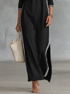 Women's Minimalist Casual Summer Long Dress Button-Down Collar White Trim Chic – Black
