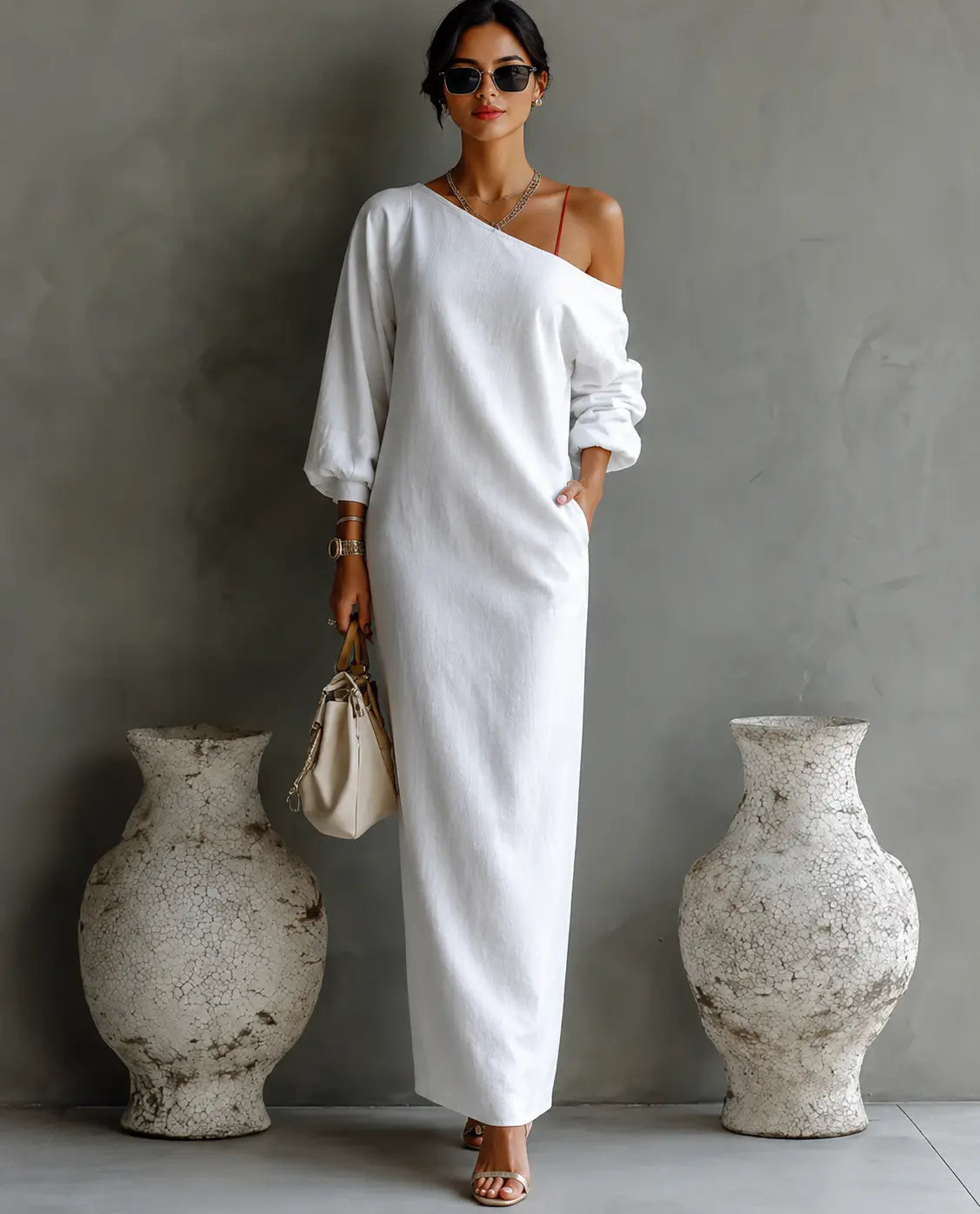 Women's Elegant One-Shoulder Long Dress Cotton Linen Flowing Formal Party Wedding Guest – Ivory White