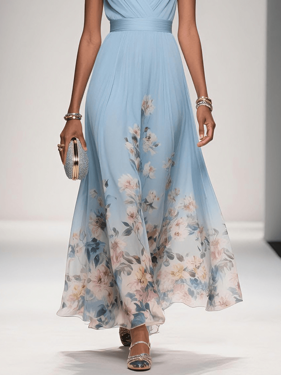 Women's Floral Long Wedding Guest Dress Fluid Feminine Romantic Elegant Ceremony Gown