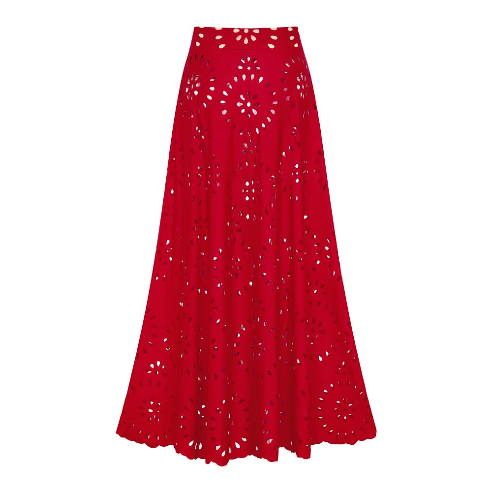 Women's Floral Hollow-Out One-Piece Swimsuit & Long Skirt Set V-Neck Beach Vacation Pool Party Summer Resort – Red