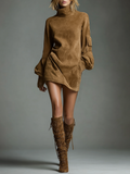 Women's Vintage Suede Mini Party Dress Turtleneck Long Sleeve Loose Fit Casual Retro – Brown