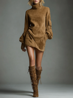 Women's Vintage Suede Mini Party Dress Turtleneck Long Sleeve Loose Fit Casual Retro – Brown