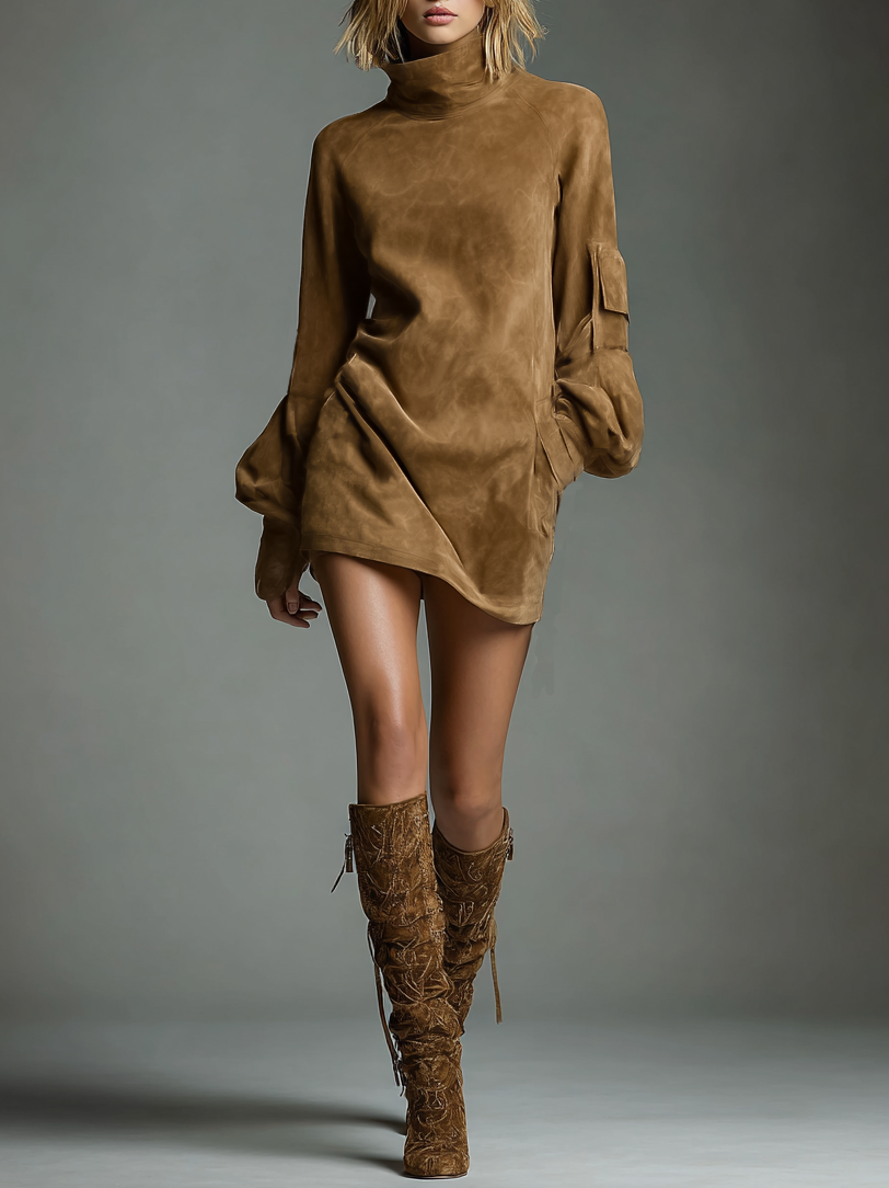 Women's Vintage Suede Mini Party Dress Turtleneck Long Sleeve Loose Fit Casual Retro – Brown