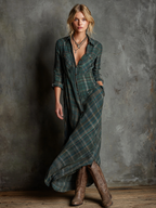 Women's Plaid Lapel Single-Breasted Shirt Long Dress Long Sleeve Casual Elegant – Green Tartan