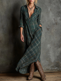 Women's Plaid Lapel Single-Breasted Shirt Long Dress Long Sleeve Casual Elegant – Green Tartan