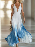 Women's Elegant Pleated Long Dress Chiffon V-Neck Wedding Guest Formal Party Summer Dress – Blue Gradient White