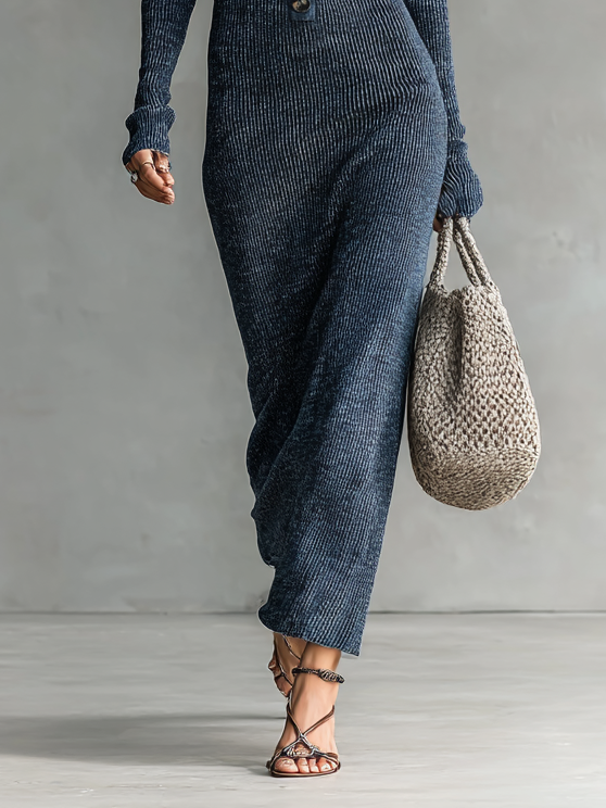 Women's Slim-Fit Hooded Knitted Long Casual Dress Long Sleeve Cozy Chic Everyday – Navy