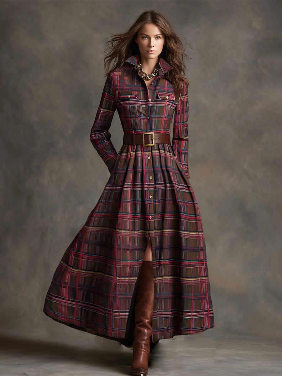Women's Retro Ethnic Plaid Cowgirl Long Dress Lapel Belted Long Sleeve Casual Relaxed – Reddish Brown
