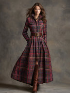 Women's Retro Ethnic Plaid Cowgirl Long Dress Lapel Belted Long Sleeve Casual Relaxed – Reddish Brown