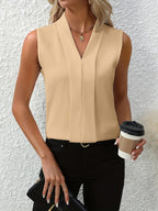 Women's Sleeveless Pleated V-Neck Blouse Elegant Flowing Work Casual Brunch Versatile Chic – Beatrice