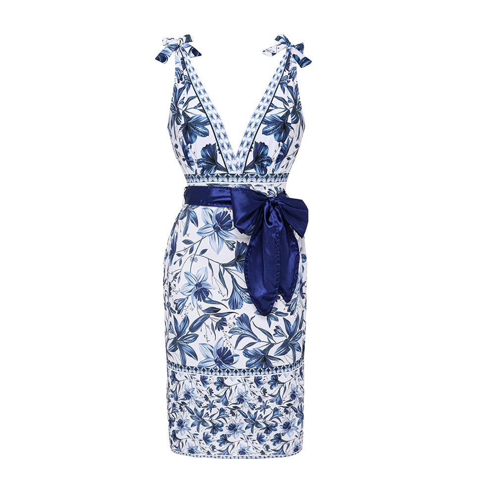 Women's V-Neck Lace-Up Floral Printed One-Piece Swimsuit & Long Skirt Set Tie Shoulder Beach Vacation Resort Pool Party Cruise Honeymoon – Blue & White