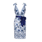 Women's V-Neck Lace-Up Floral Printed One-Piece Swimsuit & Long Skirt Set Tie Shoulder Beach Vacation Resort Pool Party Cruise Honeymoon – Blue & White