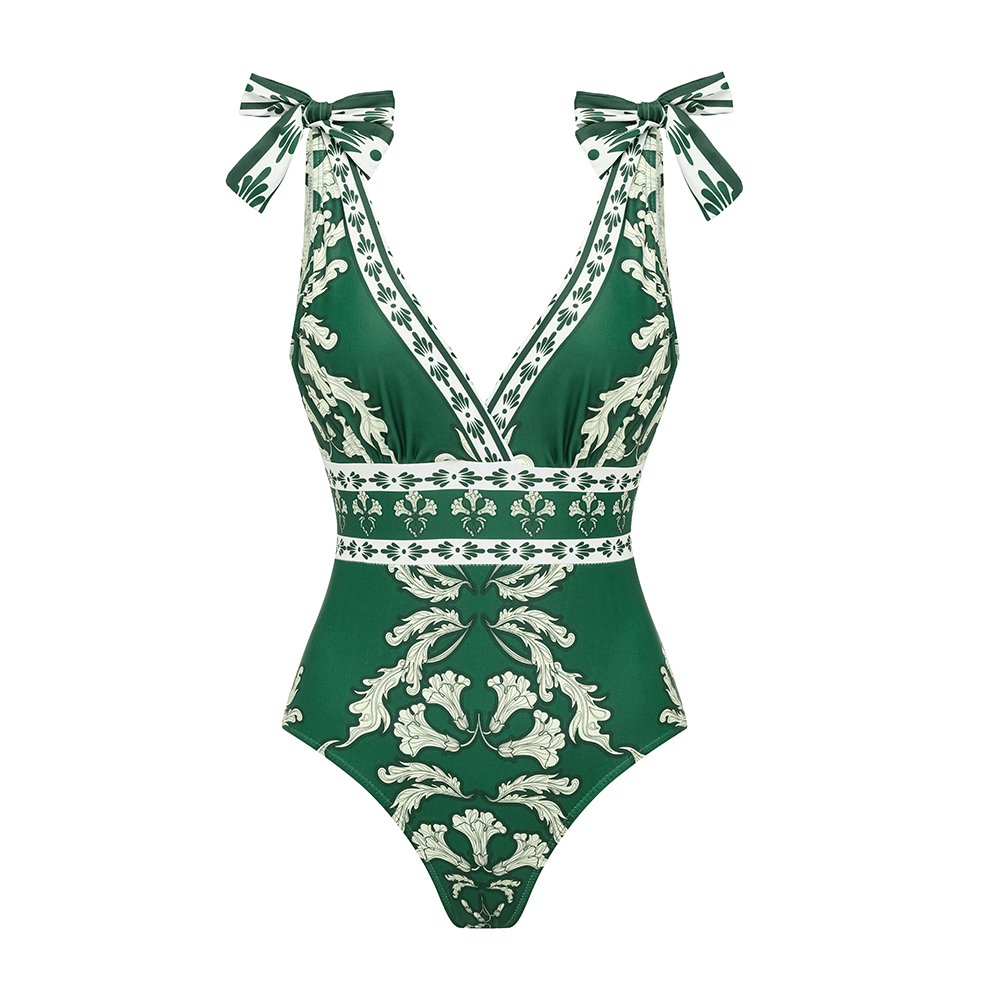 Women's V-Neck Lace-Up Printed One-Piece Swimsuit & Long Skirt Set Casual Beach Vacation Summer Resort Cover-Up – Green Floral