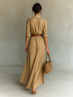 Women's Elegant Cowgirl Long Dress Lapel Single Breasted Belted Waist Long Sleeve Casual – Camel
