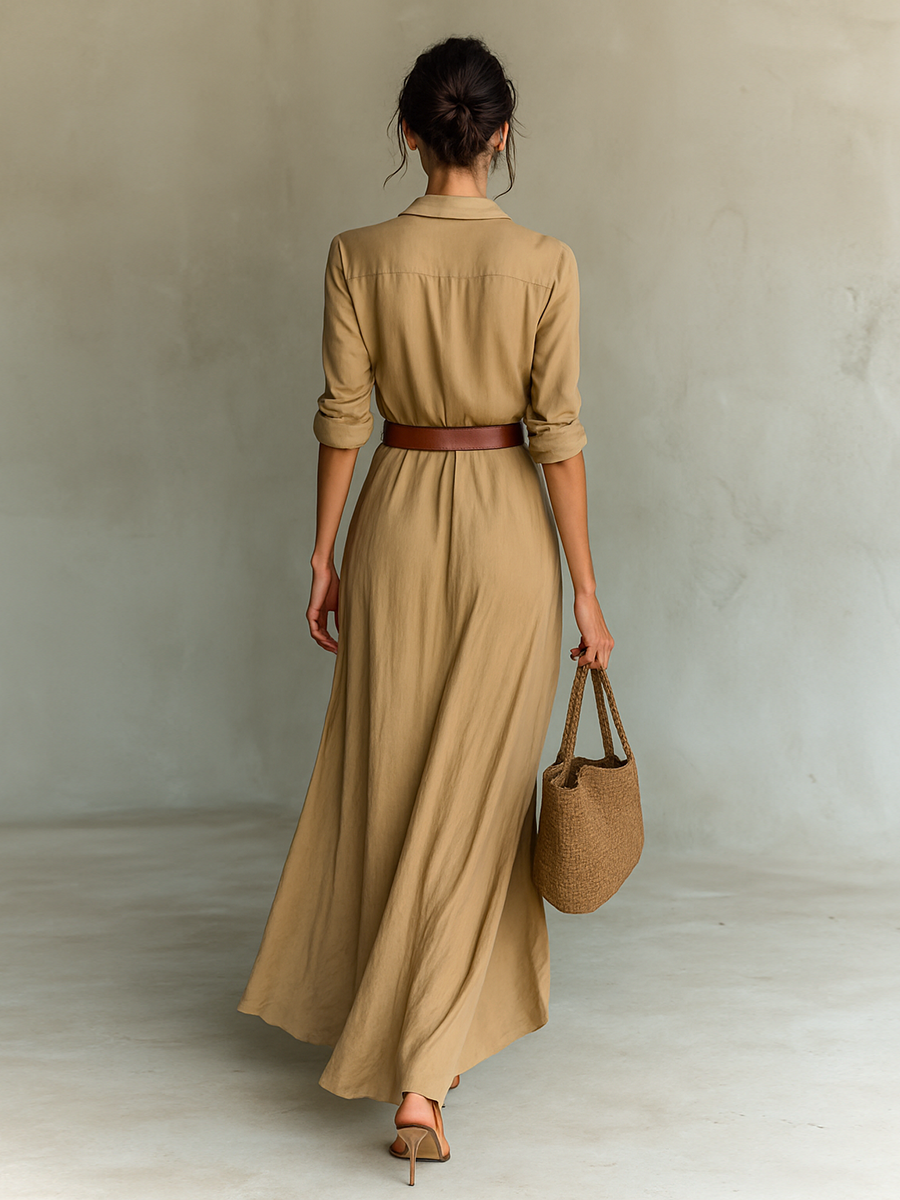 Women's Elegant Cowgirl Long Dress Lapel Single Breasted Belted Waist Long Sleeve Casual – Camel