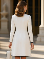 Women's Elegant Colorblock Cowgirl Midi Dress Faux Wool Button Round Neck Formal Dress – Ivory White
