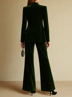 Women's High-End Velvet Two-Piece Suit Notched Lapel Blazer Wide-Leg Pants Retro Elegant – Green