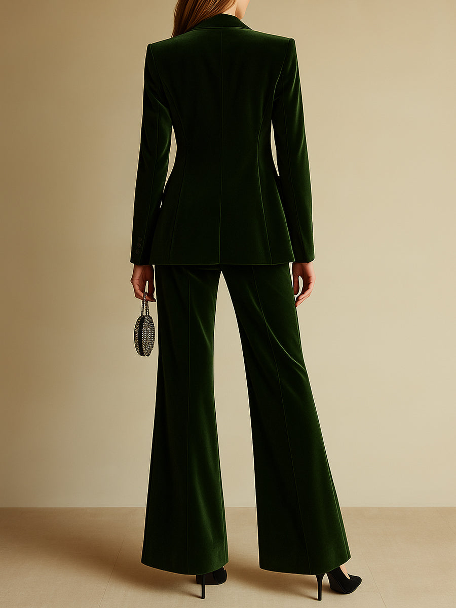 Women's High-End Velvet Two-Piece Suit Notched Lapel Blazer Wide-Leg Pants Retro Elegant – Green
