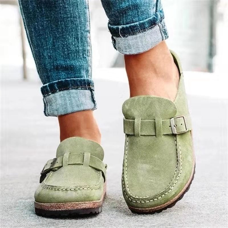 Women's Retro Suede Buckle Clog Mules Slip-On Flat Arch Support Casual Everyday Shoes – Marley
