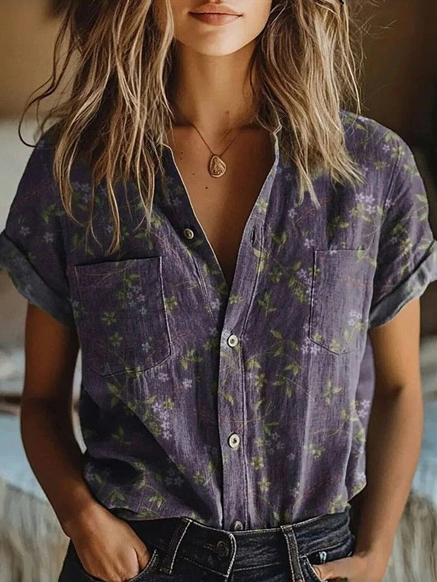 Women's Floral Vintage Lapel Blouse Short Sleeve Relaxed Fit Casual Semi-Formal – Purple