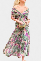 Women's Elegant Off-Shoulder Midi Dress Draped Ruched Bodice Floral Feminine – Lowenna