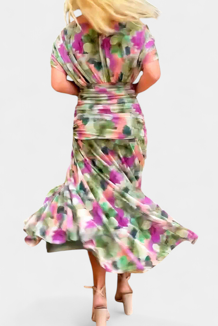 Women's Elegant Off-Shoulder Midi Dress Draped Ruched Bodice Floral Feminine – Lowenna