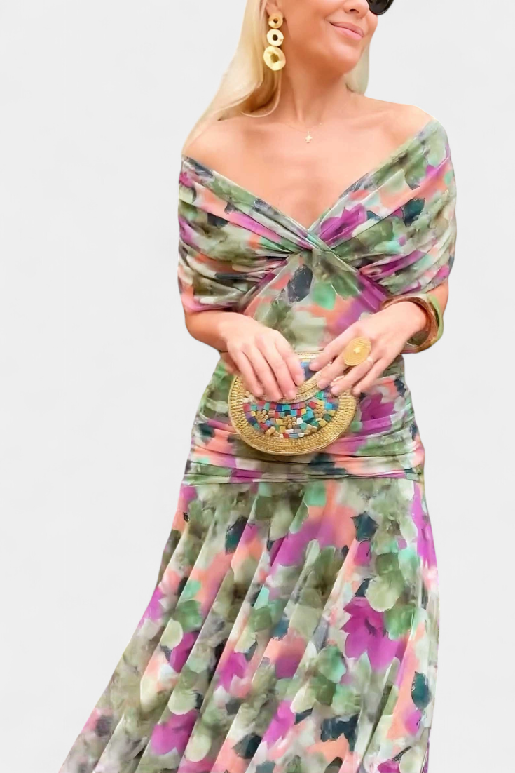 Women's Elegant Off-Shoulder Midi Dress Draped Ruched Bodice Floral Feminine – Lowenna