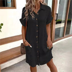 Women's Summer Shirt Dress Collar Button-Down Short Sleeve Pockets Casual Linen Look Easy Care – Carlijn