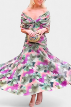 Women's Elegant Off-Shoulder Midi Dress Draped Ruched Bodice Floral Feminine – Lowenna