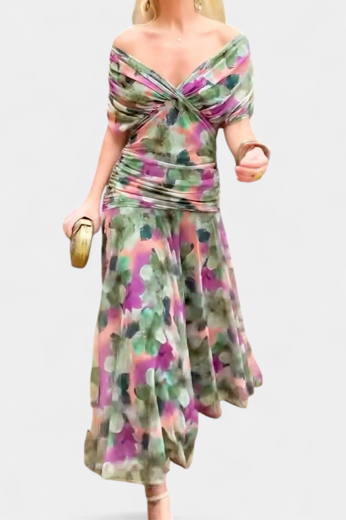 Women's Elegant Off-Shoulder Midi Dress Draped Ruched Bodice Floral Feminine – Lowenna