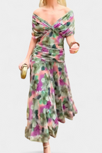 Women's Elegant Off-Shoulder Midi Dress Draped Ruched Bodice Floral Feminine – Lowenna