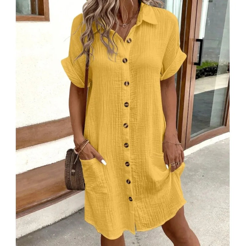 Women's Summer Shirt Dress Collar Button-Down Short Sleeve Pockets Casual Linen Look Easy Care – Carlijn