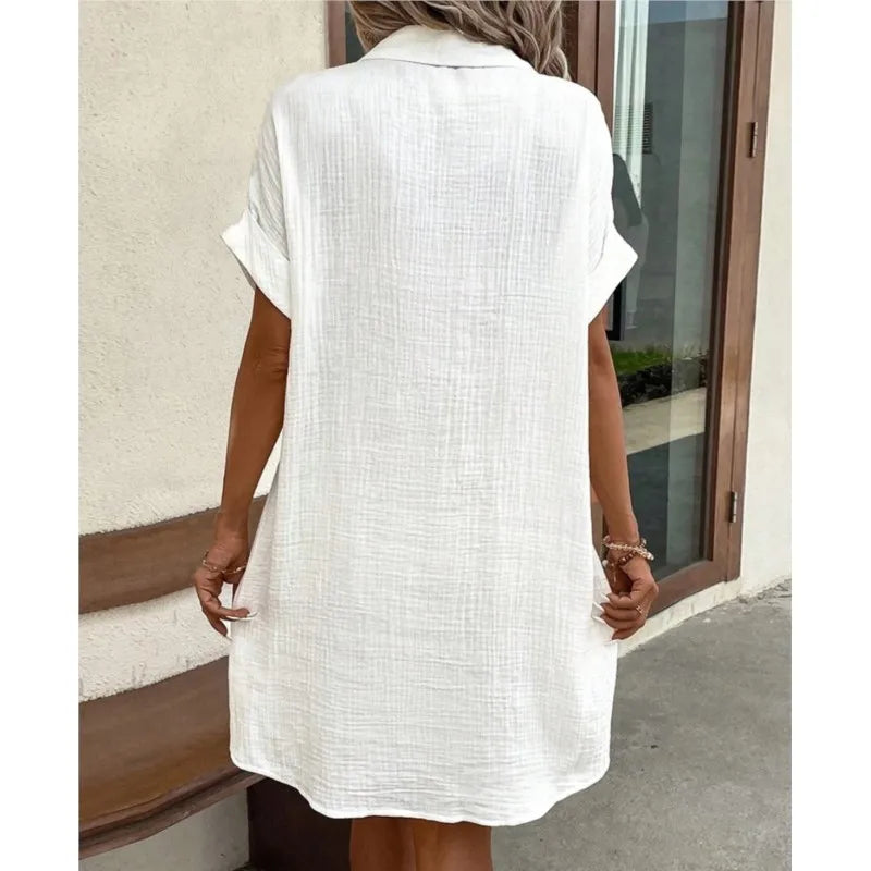 Women's Summer Shirt Dress Collar Button-Down Short Sleeve Pockets Casual Linen Look Easy Care – Carlijn
