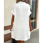 Women's Summer Shirt Dress Collar Button-Down Short Sleeve Pockets Casual Linen Look Easy Care – Carlijn