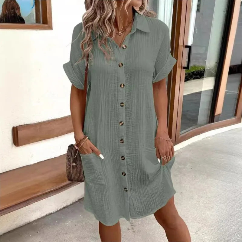 Women's Summer Shirt Dress Collar Button-Down Short Sleeve Pockets Casual Linen Look Easy Care – Carlijn
