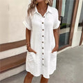 Women's Summer Shirt Dress Collar Button-Down Short Sleeve Pockets Casual Linen Look Easy Care – Carlijn