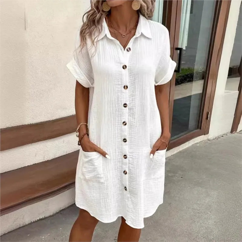 Women's Summer Shirt Dress Collar Button-Down Short Sleeve Pockets Casual Linen Look Easy Care – Carlijn