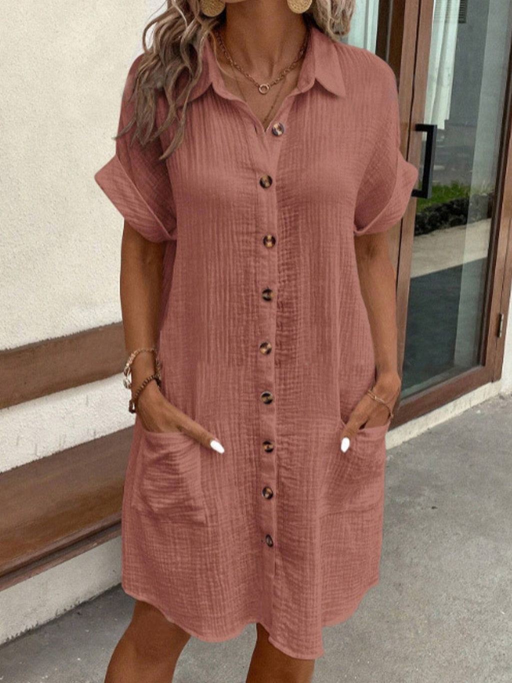 Women's Summer Shirt Dress Collar Button-Down Short Sleeve Pockets Casual Linen Look Easy Care – Carlijn